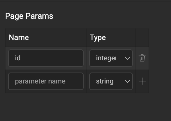 WaveMaker Studio Page Properties panel on UserDetails with Page Params showing an id parameter defined as type integer